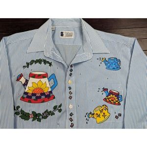 Vintage 90's Infinity Fashions Watering Can Sunflower Womens Striped Shirt Sz L